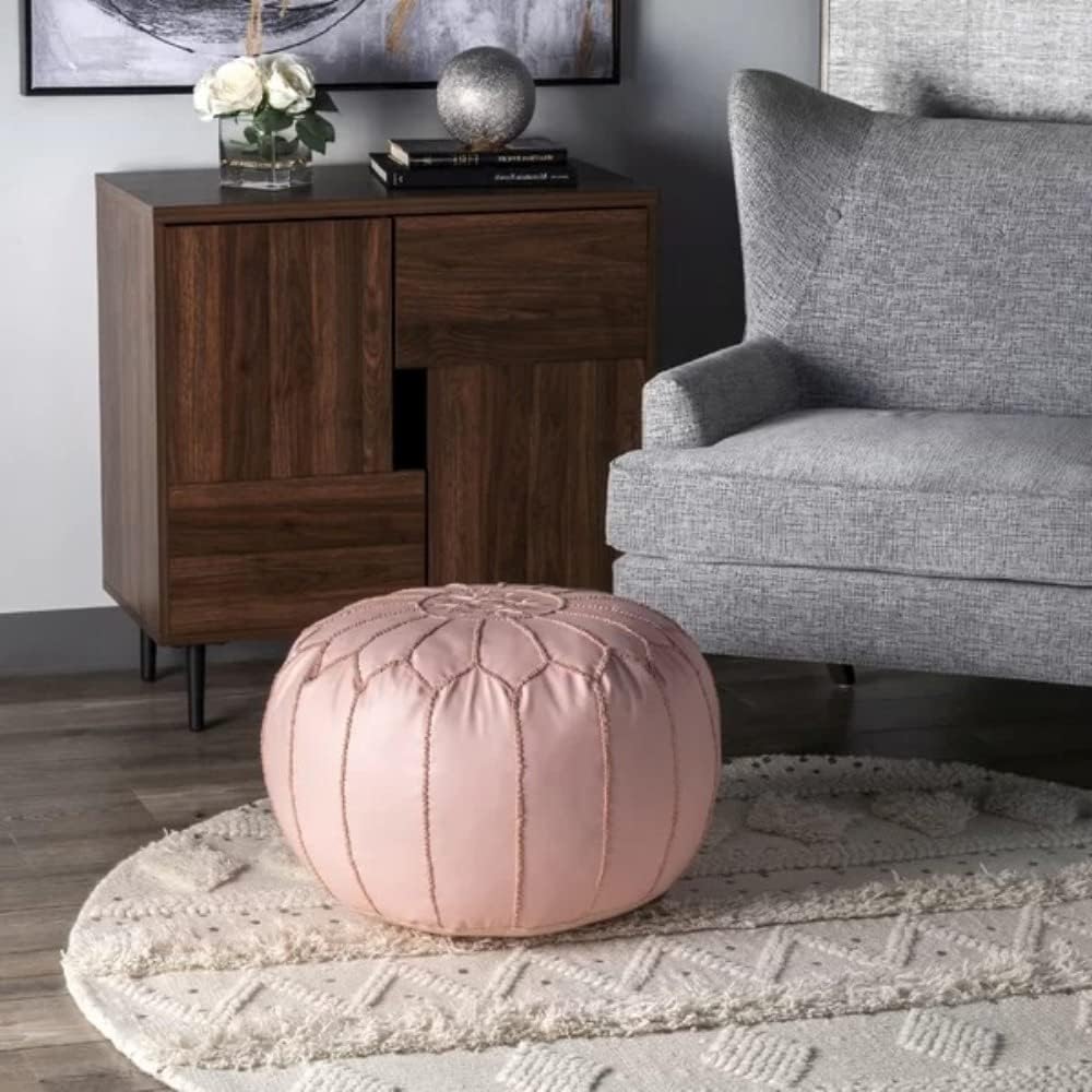 Classy Pink Faux Leather Round Pouf Ottoman 20'' | Stylish Tufted Footrest Vanity Stool Glamorous Touch Luxe Look, | Bench Fluffy Dorm Patio Perfect for Living Room, Bedroom, Lounge Cushioned