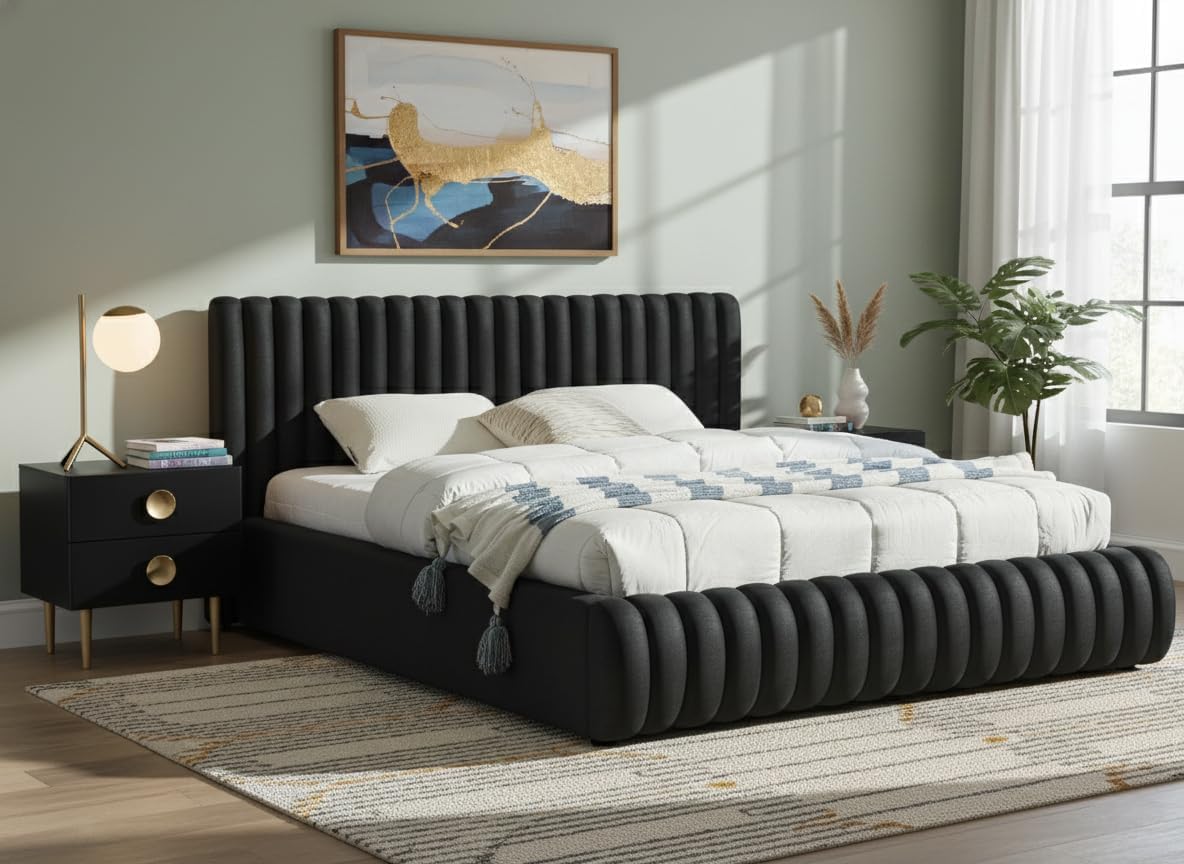 Meridian Furniture NicoBlack-Q Nico Collection Modern | Contemporary Velvet Upholstered Queen Bed with Rich Black Velvet and Deep Channel Tufting, 74' W x 91' D x 38' H, Black, Queen