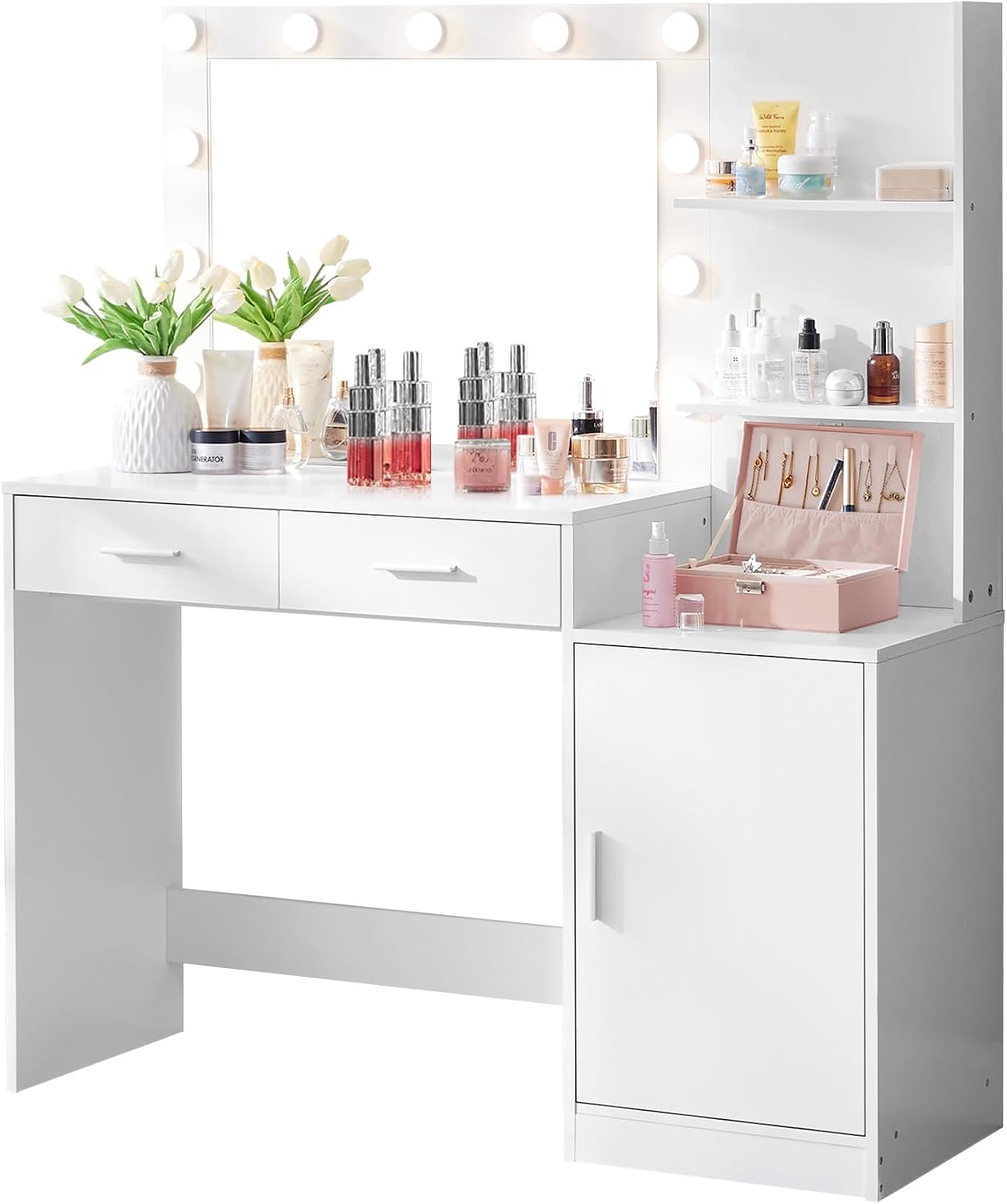 MIRROTOWEL 46.7' Vanity Desk with Mirror & LED Lights, Dressing Table with 2 Large Drawers & Vertical Organizer, 3-Tier Storage, 3 Adjustable Lighting Modes, Makeup Desk for Bedroom