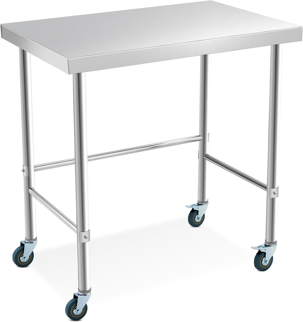 GarveeLife Stainless Steel Work Table, 36x24 x35 Inch with Wheels, Commercial Kitchen Prep Table with Open Base for Restaurant, Food Prep, Garage and Workshop, Easy to Assemble and Clean, Silver