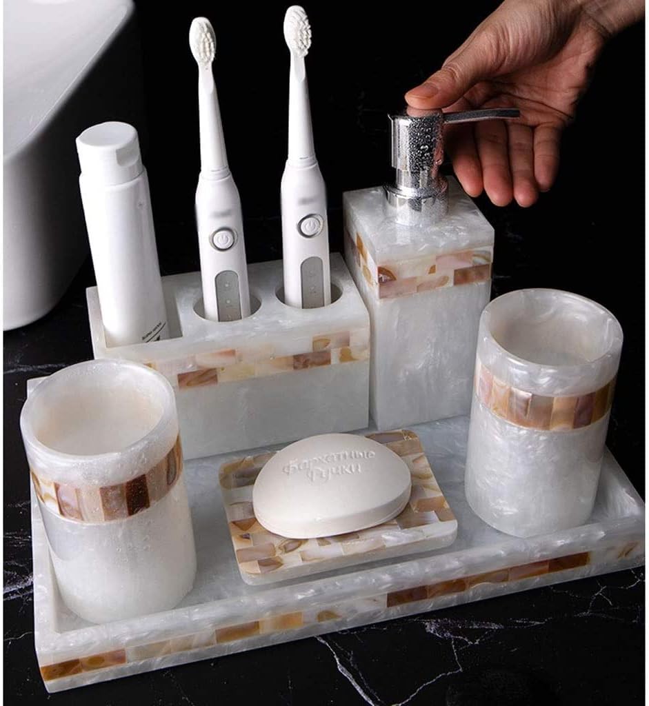 Vanity Bathroom Decor, Light Luxury Shell Bathroom Accessories Set Resin Cup Toothbrush Holder Soap Dispenser Bath Supplies Wash Set Housewarming Gift(6pcs)