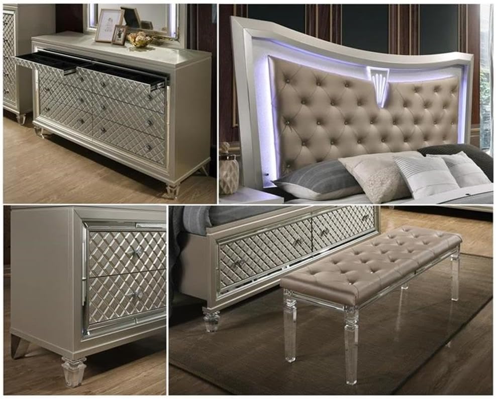 Pemberly Row Beige Faux Leather Vanity Bench, 53' L x 18' W x 19' H, Champagne Finish, Acrylic Legs, Upholstered Bedroom or Vanity Room Seat, Minimal Assembly Required