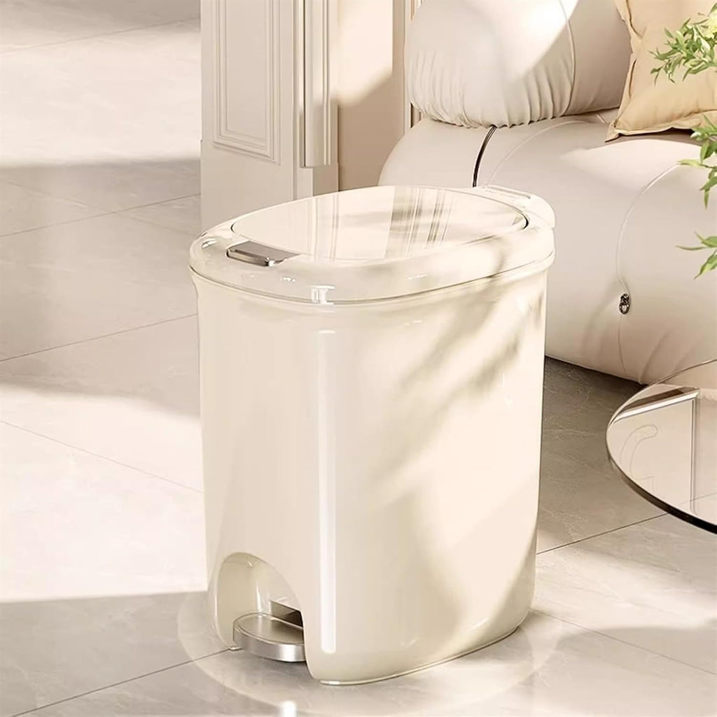 20L Slim Plastic Garbage Bin with Lid for Bathroom Office Bedroom Smart Step Pedal Trash Can Beige Color