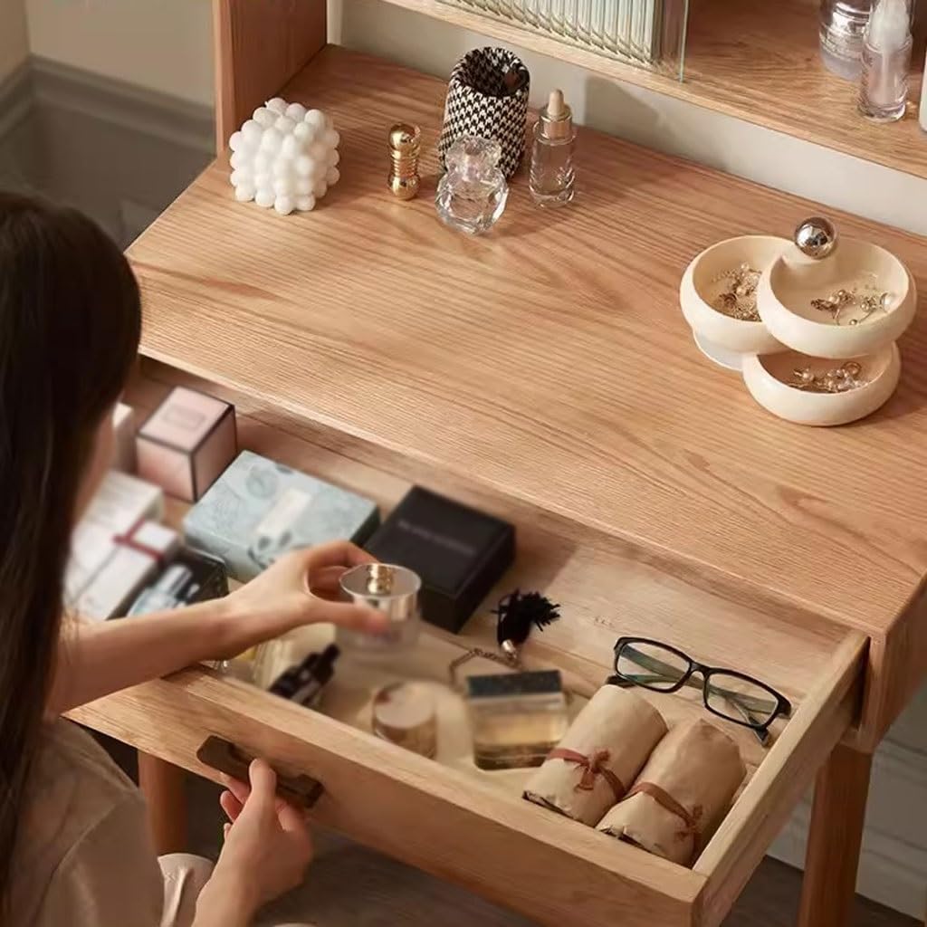 FEELIN Makeup Vanity Small Apartment Solid Wood Dressing Table Multi-Functional Dressing Table with Makeup Mirror Bedroom Workbench Vanities for Makeup