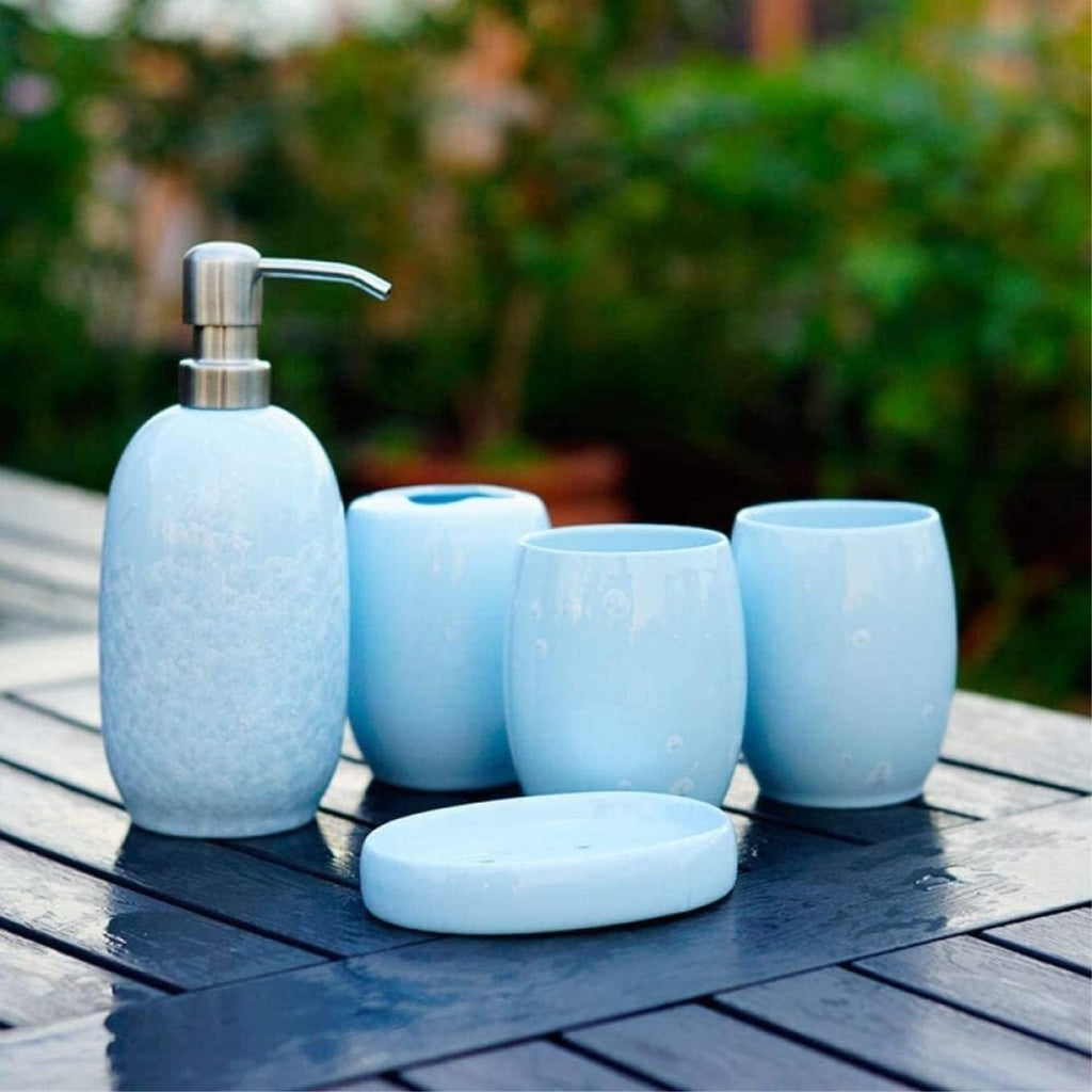 Vanity Bathroom Decor, Bathroom Accessory Sets Ceramic Simple Wash Five-Piece Jade Ice Porcelain 5 Bathroom Set Solid Color Housewarming Gift(Blue)
