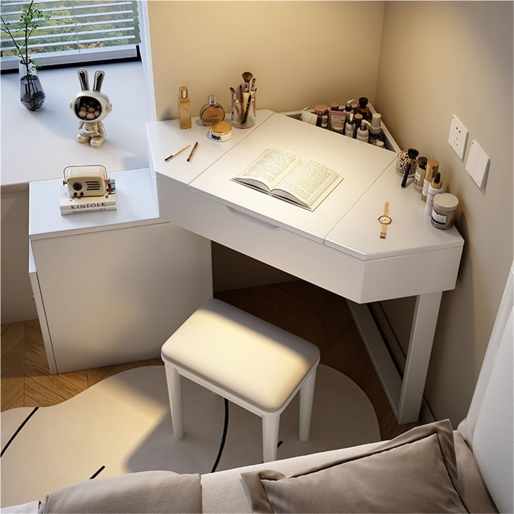 Solid Wood Corner Vanity Desk, 3-Piece Makeup Vanity Table with Flip Top Mirror, Storage Drawers and Stool, Small Space Corner Table for Bedroom and Dressing Room(Natural)