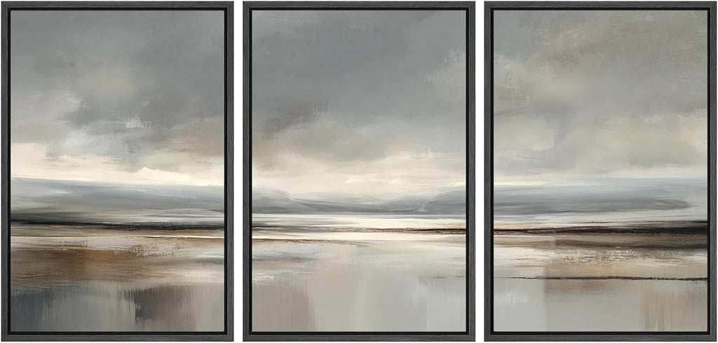 SIGNWIN Framed Canvas Print Wall Art Set Neutral Coastal Horizon Landscape Minimalist Seascape and Sky Illustrations Modern Art Decorative Rustic for Living Room, Bedroom, Office - 24'x36'x3 Black