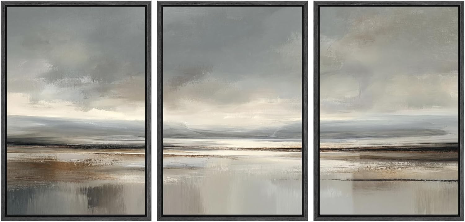 SIGNWIN Framed Canvas Print Wall Art Set Neutral Coastal Horizon Landscape Minimalist Seascape and Sky Illustrations Modern Art Decorative Rustic for Living Room, Bedroom, Office - 24'x36'x3 Black