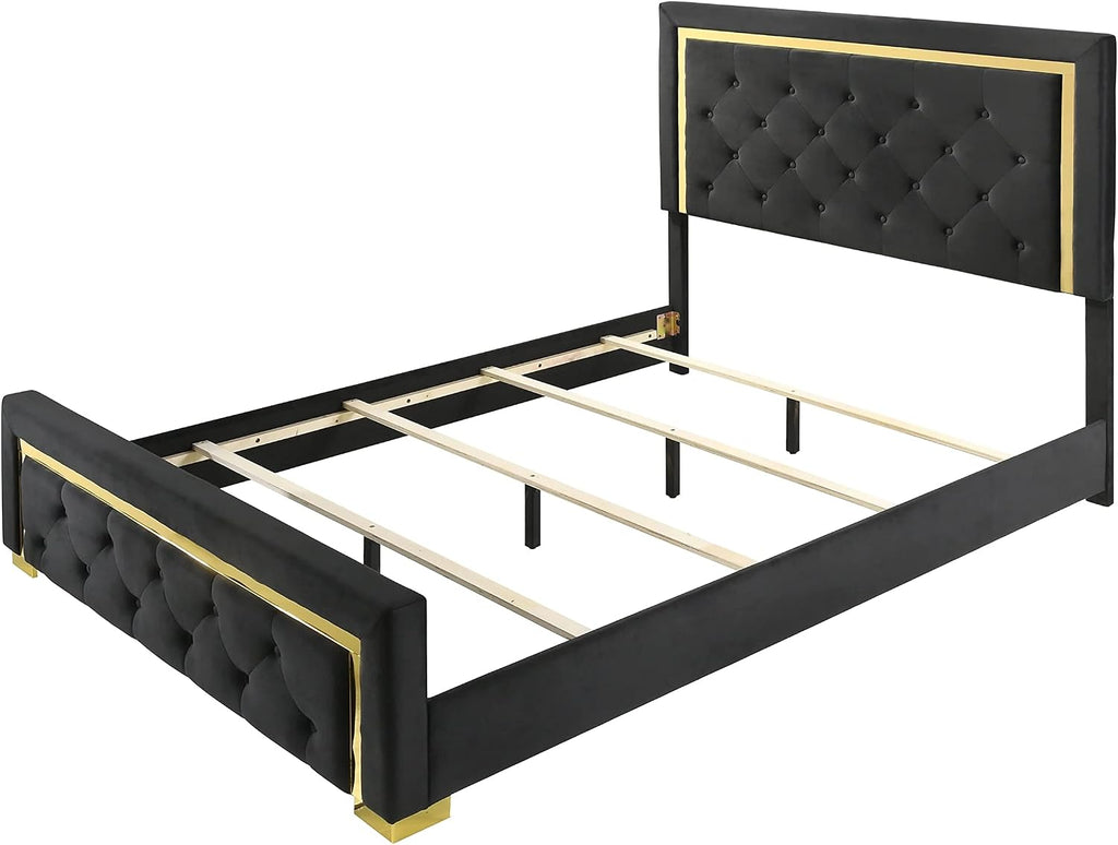 Modern Glam Beautiful 3pc Bedroom Set King Size Panel Bed Storage 2X Nightstands Furniture Gold Black Finish