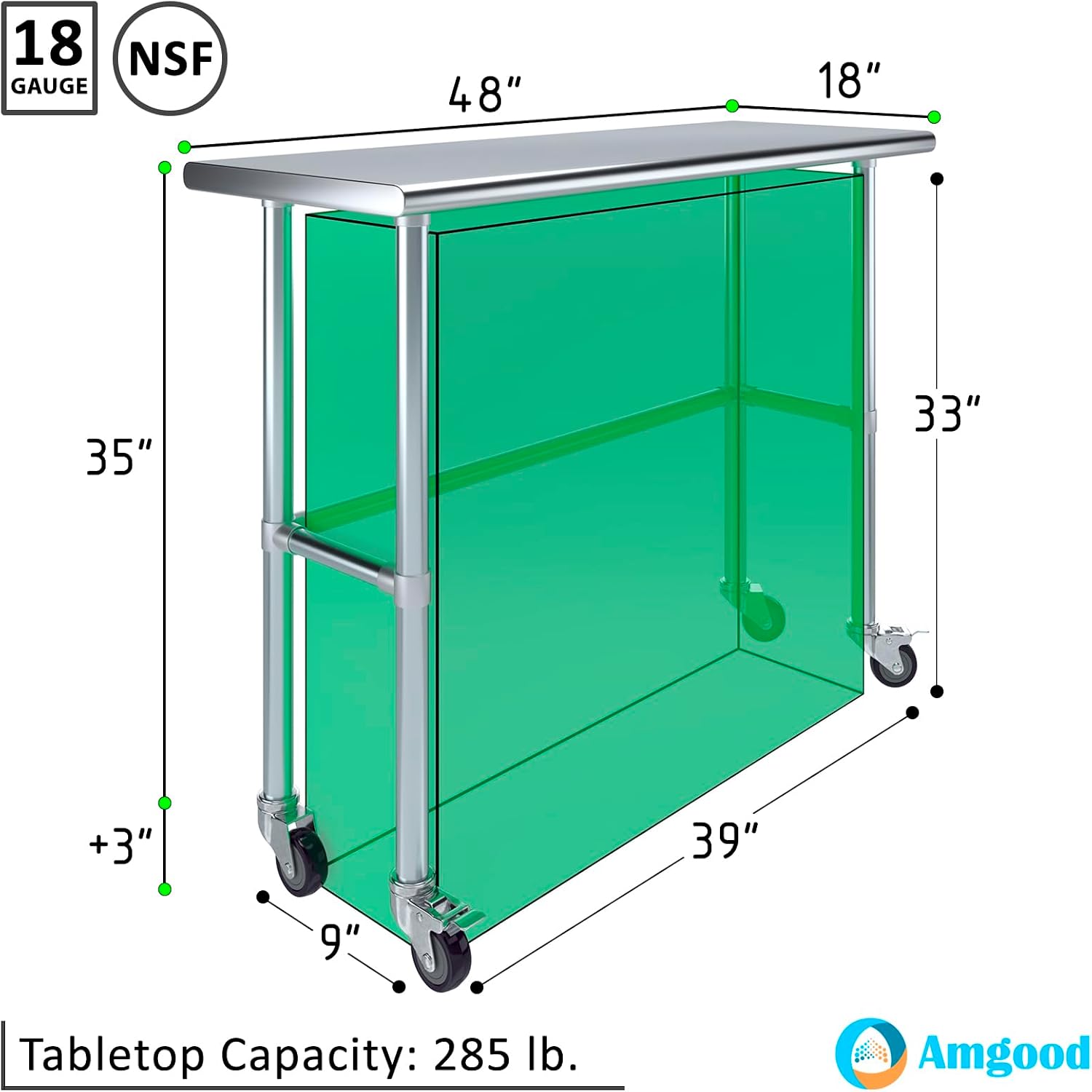 AmGood Stainless Steel Work Table Open Base & Wheels | Work Station | Metal Work Bench (Stainless Steel Work Table Open Base + Casters, 48' Long x 18' Deep)