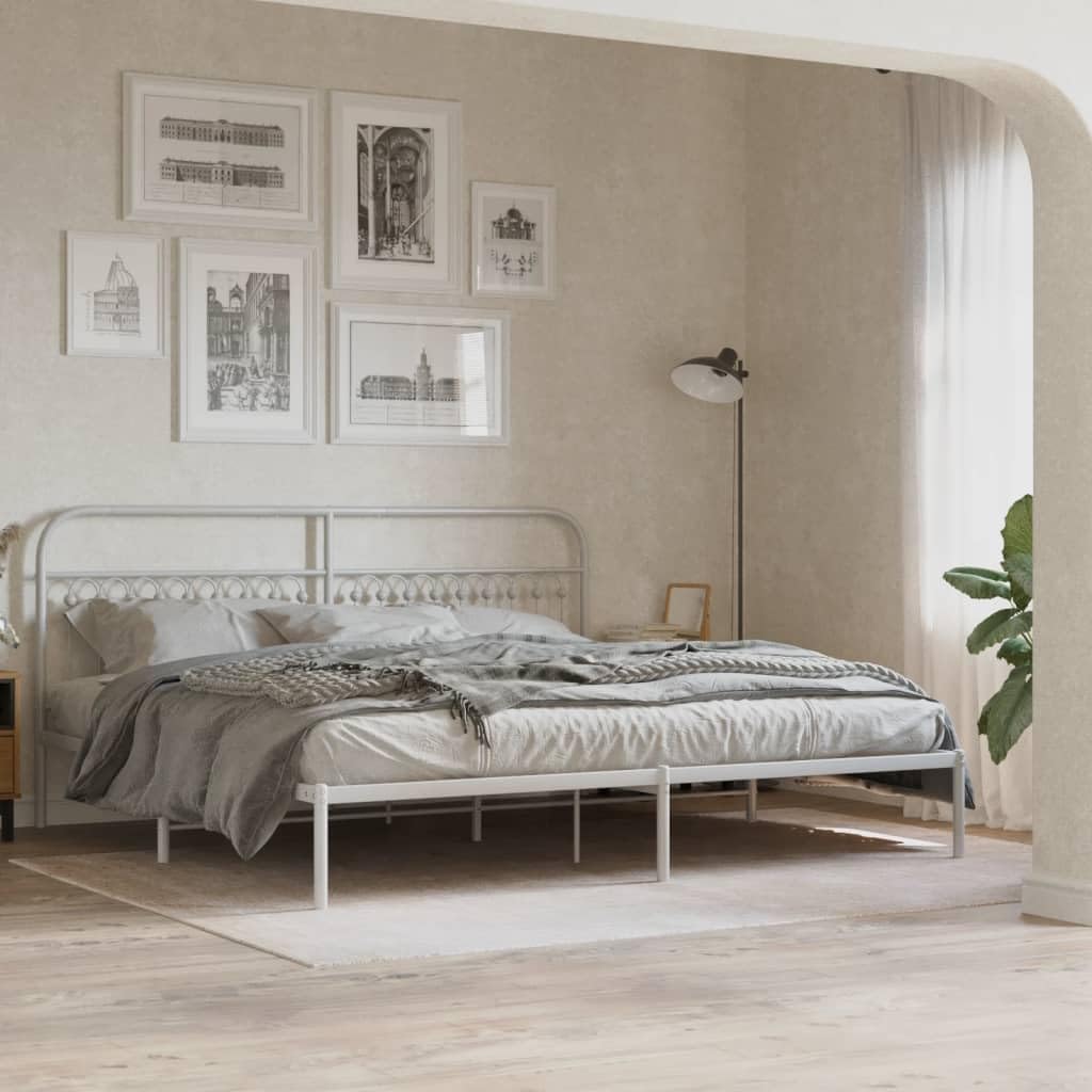 White Steel Full Bed Frame with Headboard, Rectangular Traditional Design, Sturdy Metal Construction and Easy Assembly, 4-Piece Bed Frame Set for Bedroom