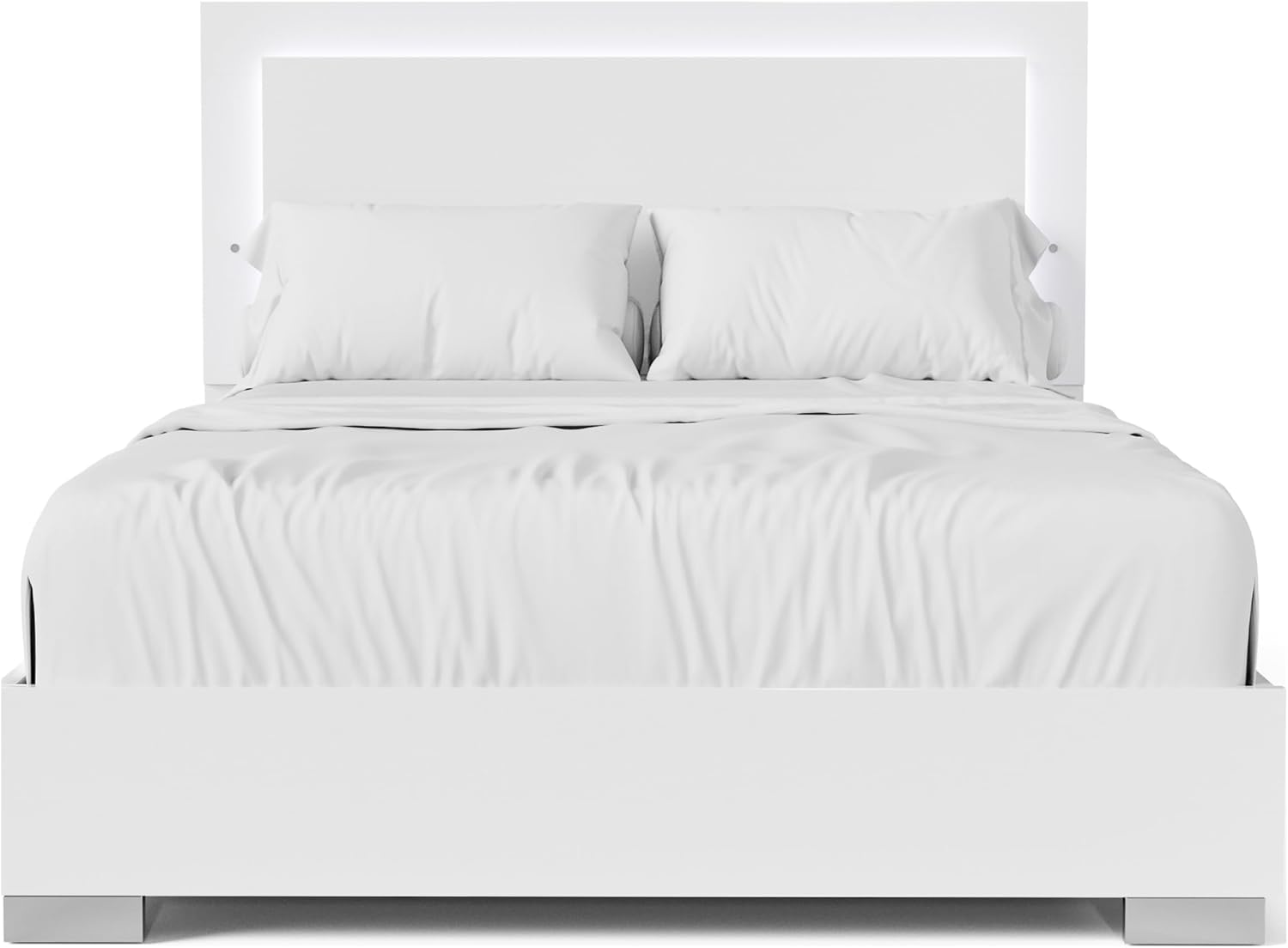 Furniture of America Alistair Modern Wood 2-Piece Bedroom Set with LED on Headboard Bed, Ball-Bearing Glides, Vertical Chrome Handles on Nightstand, Box Spring Required, King, White