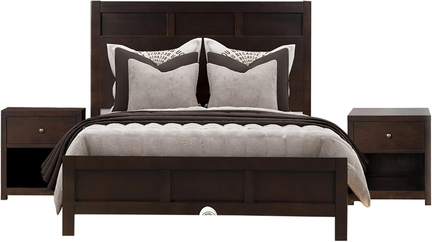 3 Pieces King Size Bedroom Furniture Set, Solid Wood King Size Platform Bed + 2 Night Stand, Platform Bed with Center Support Legs, Rustic Inviting Classic Brown, Distressed, Slightly Rustic Look