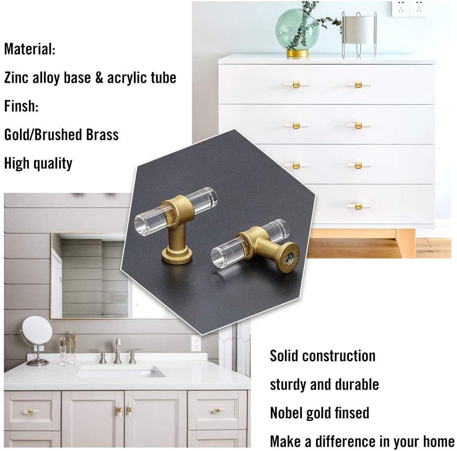 goldenwarm Pack of 100 Drawer Knobs Acrylic Clear T-bar Knobs - LS9165GD Single Hole Handles Brushed Gold Brass Acrylic Cabinet Pull Handles