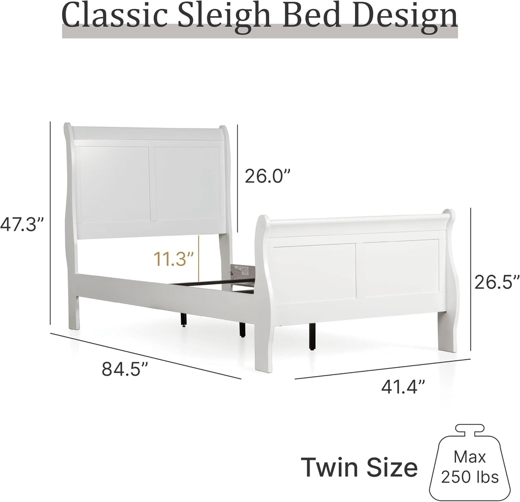 Furniture of America Louis Phillipe Traditional Solid Wood 3 Piece Bedroom Set, Twin Bed Frame and Nightstands Set of 2, Chic Sleigh Bedframe with Headboard and Footboard, Box Spring Needed, White