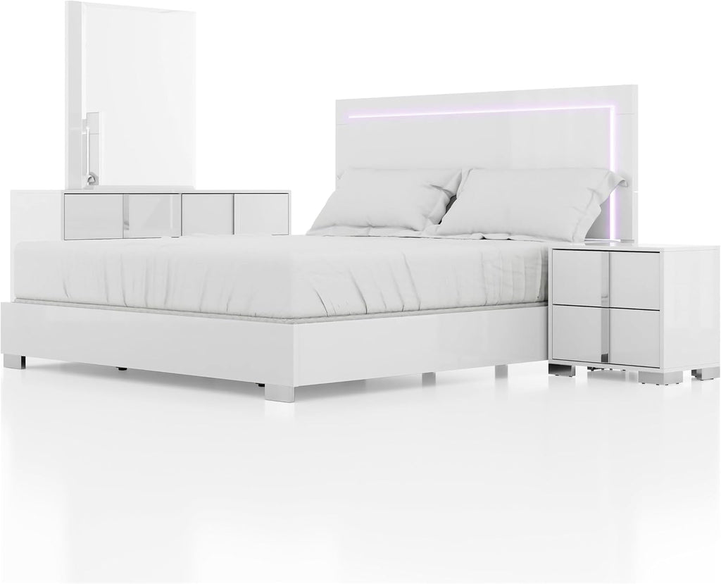 Furniture of America Alistair Modern Wood 4-Piece Bedroom Set with LED on Headboard Bed, Ball-Bearing Glides on Nightstand and Dresser with Mirror, Box Spring Required, King, White
