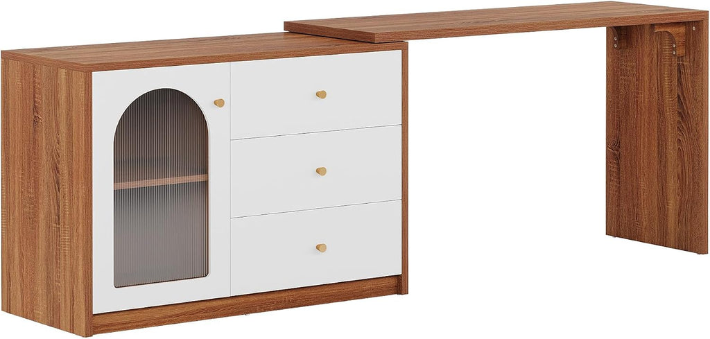 Tribesigns Modern Makeup Vanity, Retractable Large Vanity Desk with 3 Drawers and Cabinet, Makeup Corner Dressing Table for Bedroom, Walnut and White (Without Mirror)