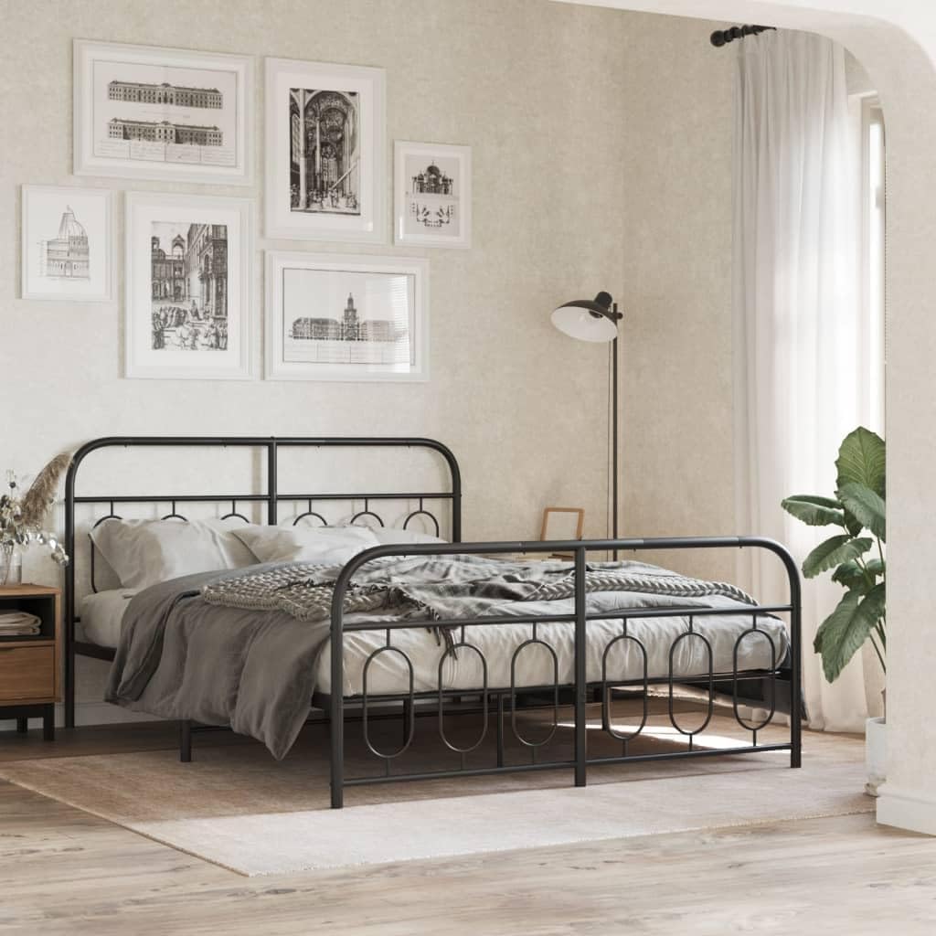 Queen Bed Frame Steel Platform Bed with Footboard Black 59.1'x78.7' Sturdy Metal Frame Underbed Storage Space for Bedroom Guest Room Furniture