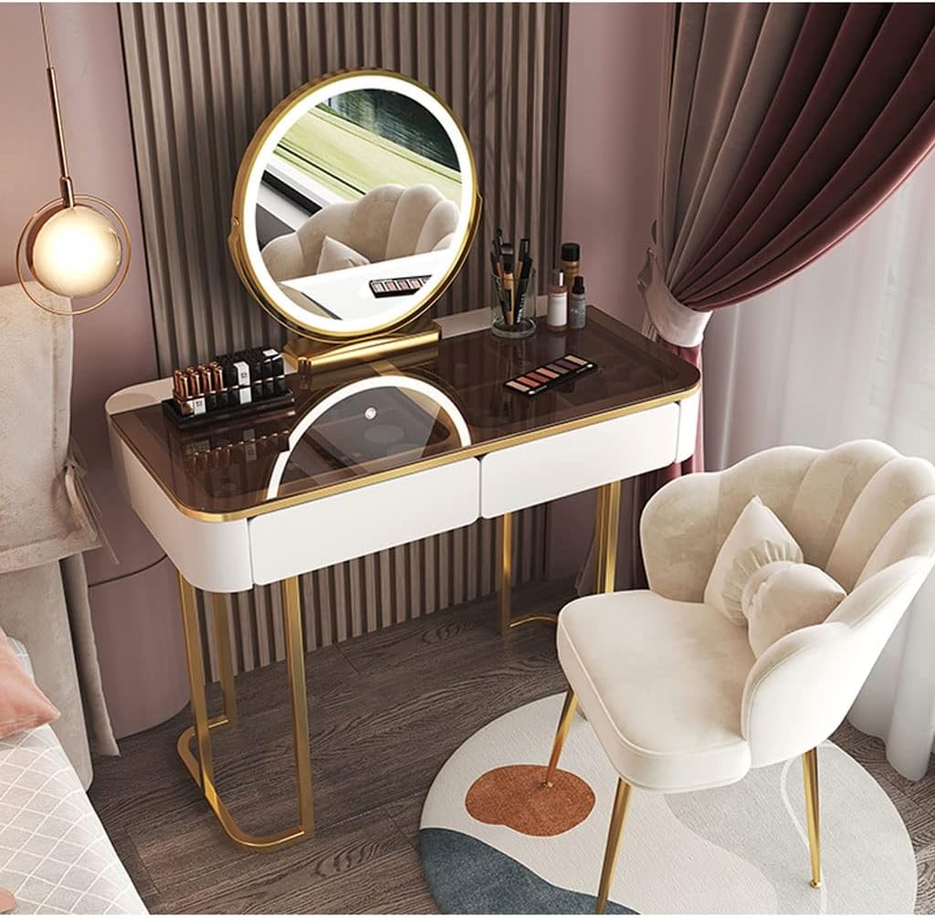 Vanity Benches Dresser Set Bedroom Modern Dresser Simple Small Apartment Dresser with LED Round Mirror, Stool, Two Drawers (Color : A)