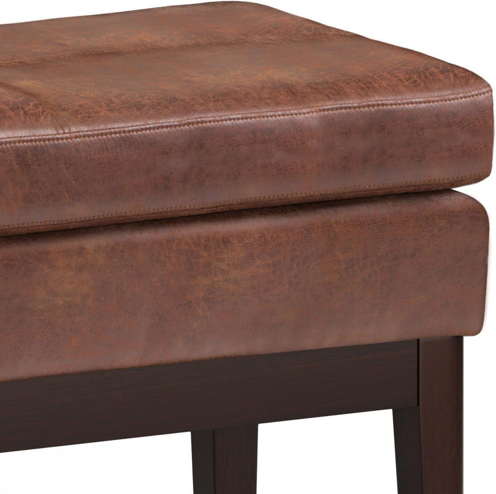 SIMPLIHOME Carlson Small Ottoman Bench - 27 inch Wide Upholstered Woven Fabric Rectangle Ottoman in Distressed Saddle Brown, Mid Century Modern Bench for Bedroom or Living Room with Padded Seat