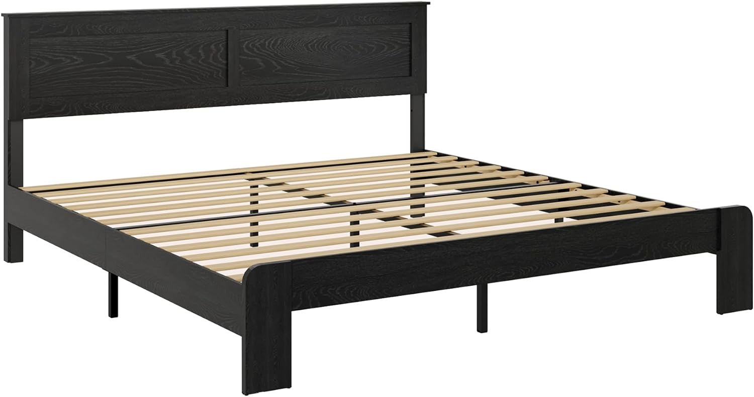 NNOOTK King Size Bed Frame, Rustic Vintage Platform Bed Frame with Wood Headboard and Footboard, 12 Wood Slats Support, No Box Spring Needed (Black, King)