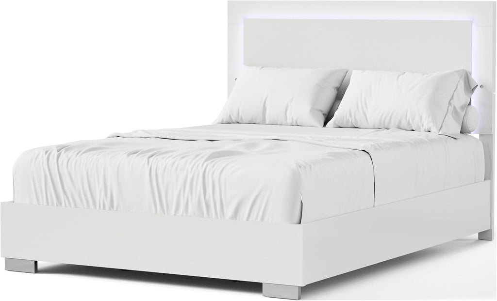 Furniture of America Alistair Modern Wood 4-Piece Bedroom Set with LED on Headboard Bed, Ball-Bearing Glides on Nightstand and Dresser with Mirror, Box Spring Required, King, White
