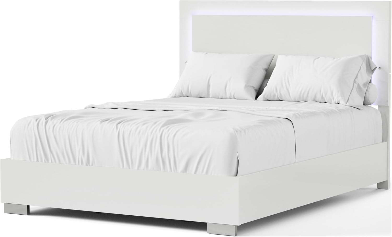Furniture of America Alistair Modern Wood 2-Piece Bedroom Set with LED on Headboard Bed, Ball-Bearing Glides, Vertical Chrome Handles on Nightstand, Box Spring Required, King, White