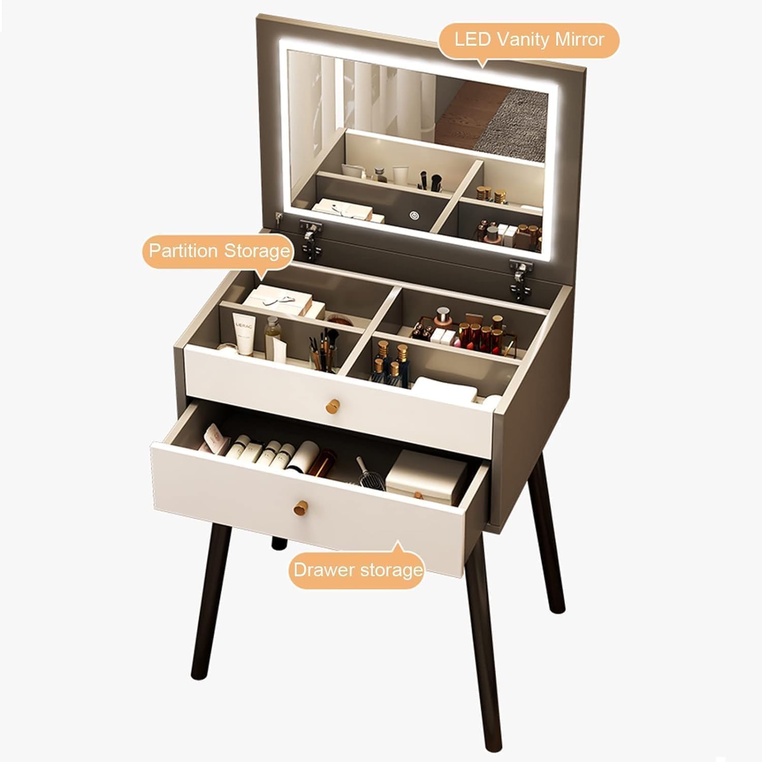 Vanity Desk Vanity Table Set with Flip Top Lighted Mirror Makeup Table Cushioned Stool Home Nightstand Vanity Benches,White,White