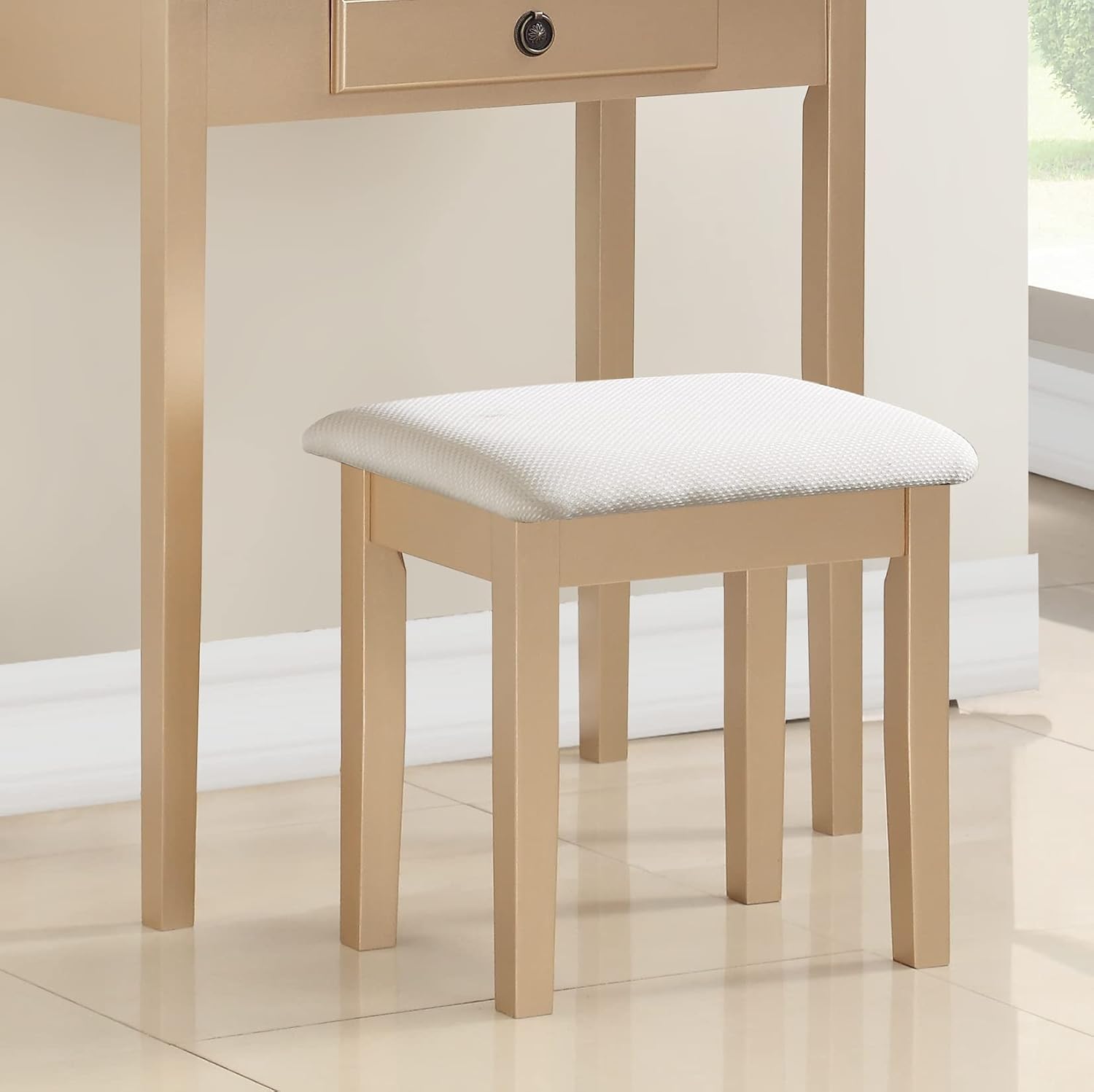 Roundhill Furniture Moniys Wood Moniya Makeup Vanity Table and Stool Set, Gold