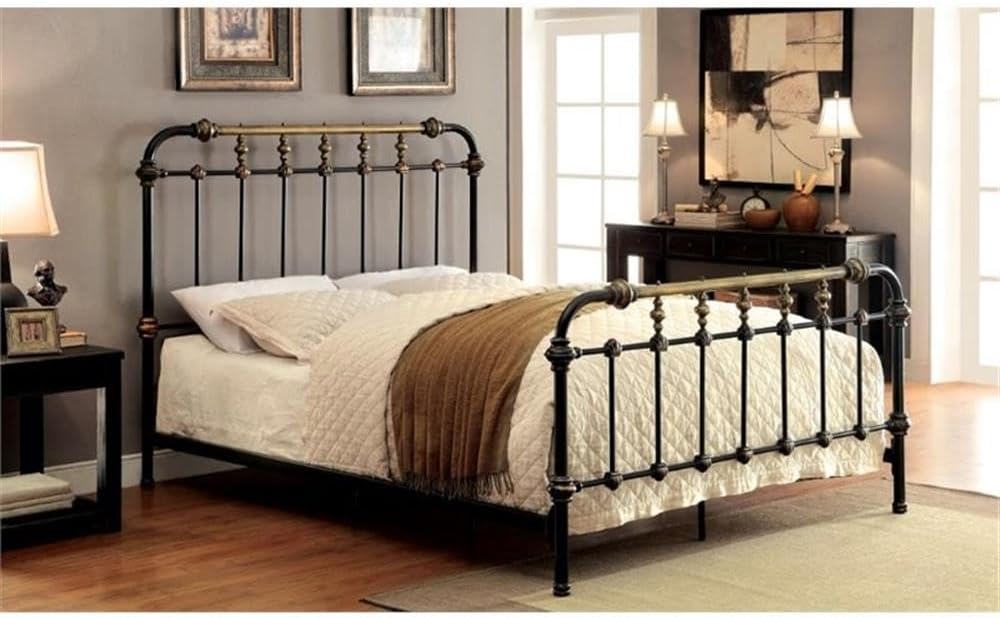 BOWERY HILL Farmhouse Metal Full Spindle Bed, Antique Black Finish, Powder-Coated Steel Construction, 54.75 in Headboard, Gold Accents, Sturdy Bedroom Frame, Requires Box Spring