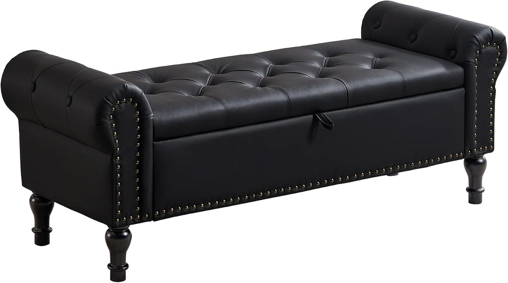 Storage Bench for Bedroom, 51' Upholstered End of Bed Bench, Faux Leather Queen Size Benches with Rolled Arms, Tufted Button Storage Long Ottoman, Living Room, Entryway, Black