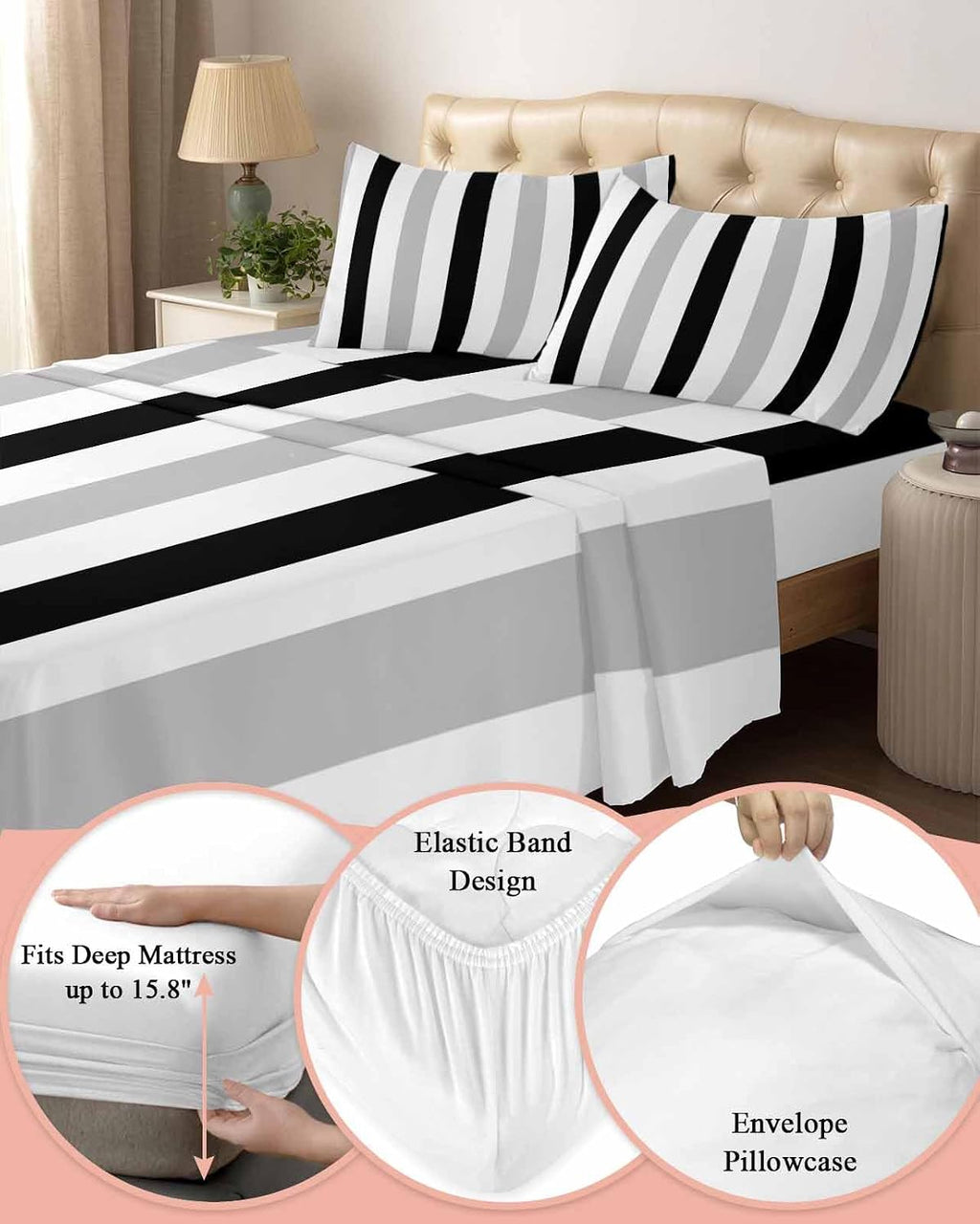 Black Grey Stripes King Sheet Set 4 Piece Bedding - White Striped Vertical Modern Geometric Breathable Comfy Cooling Bed Sheets & Pillowcase Sets,Hotel Luxury Flat Sheets Deep Pockets Fitted Sheet