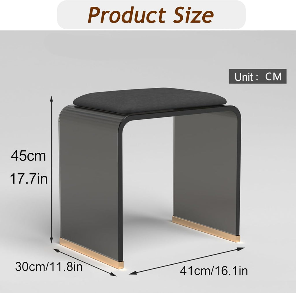 Clear Acrylic Stool with Velvet Cushion, Modern Padded Vanity Dressing Stool, Small Entryway Bench for Bedroom Room Living Room Office, No Assembly Required(H45cm/17.7in, Black+Black)