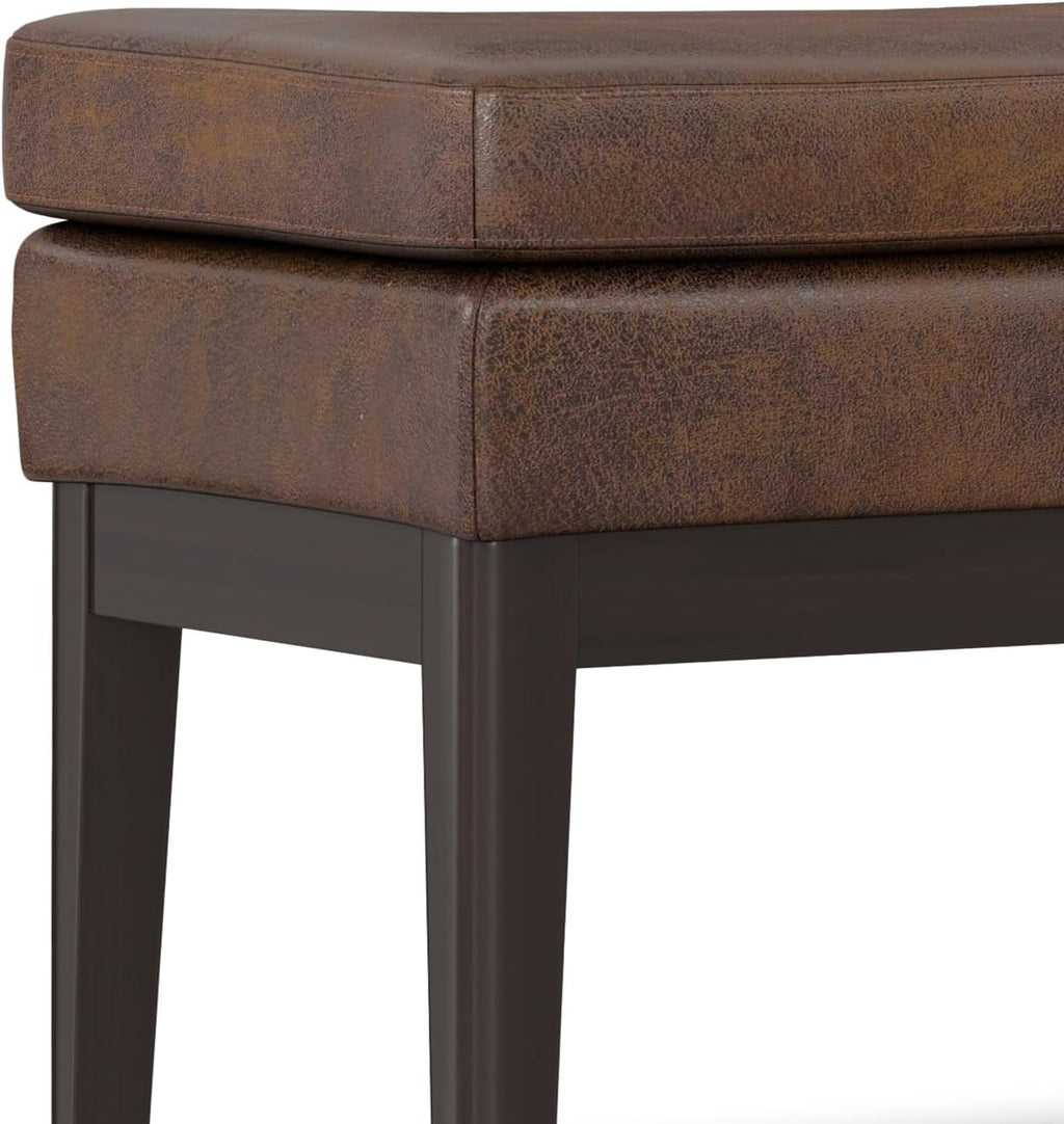 SIMPLIHOME Carlson Ottoman Bench - 45 inch Wide Upholstered Vegan Leather Rectangle Ottoman in Distressed Chestnut Brown, Mid Century Modern Bench for Bedroom or Living Room with Padded Seat