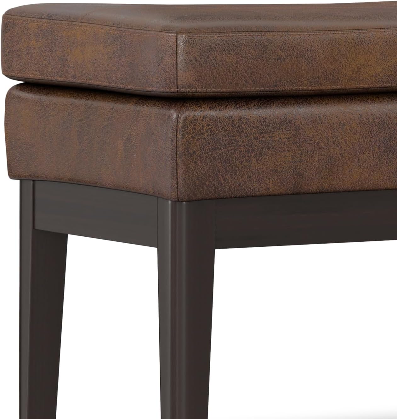 SIMPLIHOME Carlson Ottoman Bench - 45 inch Wide Upholstered Vegan Leather Rectangle Ottoman in Distressed Chestnut Brown, Mid Century Modern Bench for Bedroom or Living Room with Padded Seat