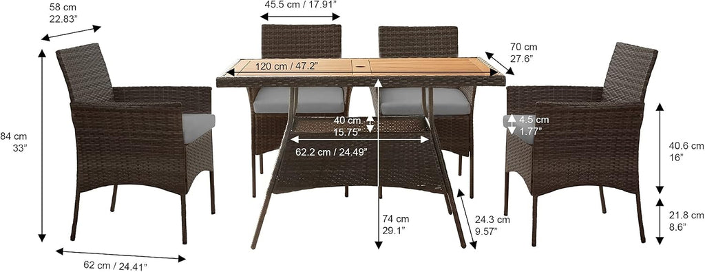 Teamson Home Outdoor 5-Piece PE Rattan and Acacia Wood Patio Dining Set with Four Chairs and Table, Brown