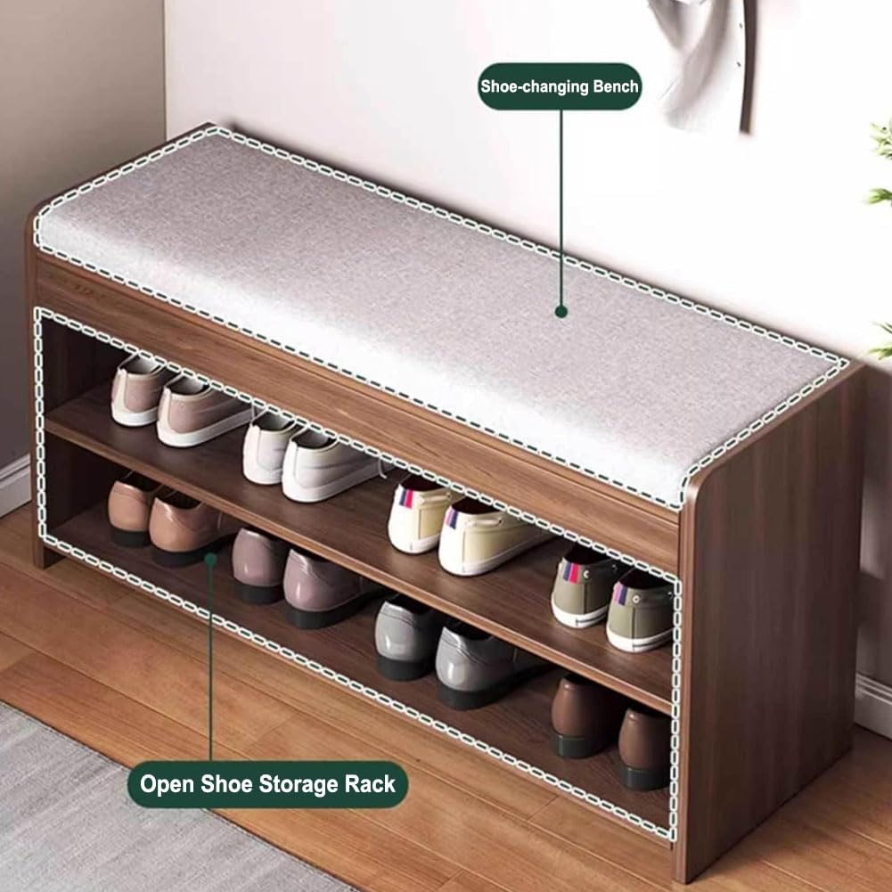 Solid Wood Shoe Bench, Open Shoe Storage Rack with Soft Seat Cushion and Round Corners Ample Seating Space Wide Horizontal Board for Stable Load-Bearing Walnut Colour 60cm