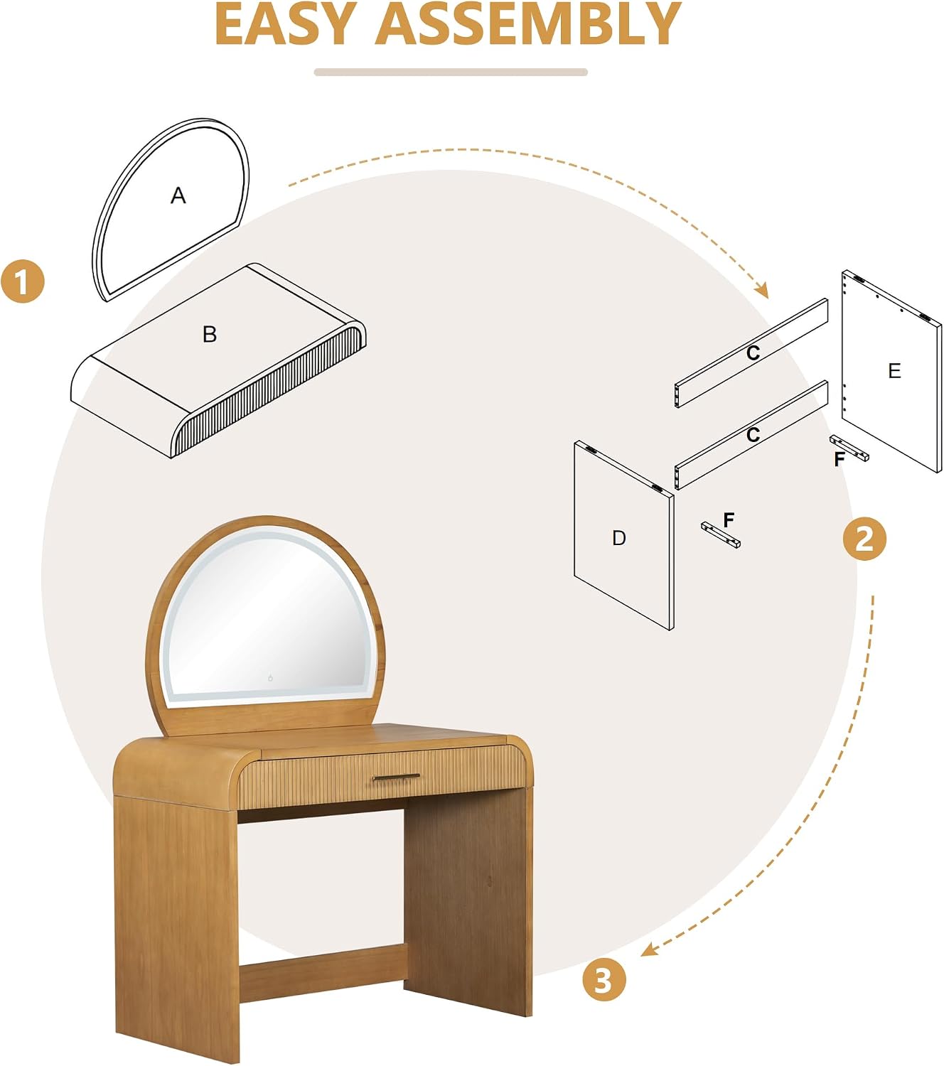 JIJIWANG 39' Makeup Vanity Table with Mirror Touch Screen Lighted Mirror, Dressing Table with Drawer for Bedroom, (Natural, 39' L x 20.1' W x 52.7' H)