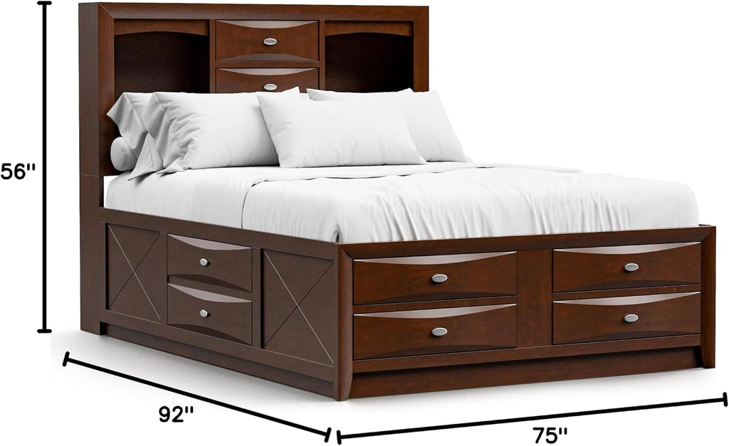 Furniture of America Darius Transitional Solid Wood 6-Piece King Platform Bedroom Set with Drawers, Bookcase Headboard and Knob Pulls, Mattress Ready, Dark Cherry