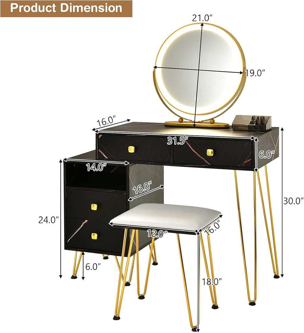 CHARMAID Vanity Desk with Reversible Side Cabinet, Makeup Vanity Table with Lighted Mirror, 3 Color Lights, 4 Drawers, Bedroom Dressing Table with Nightstand and Stool, Marble Black
