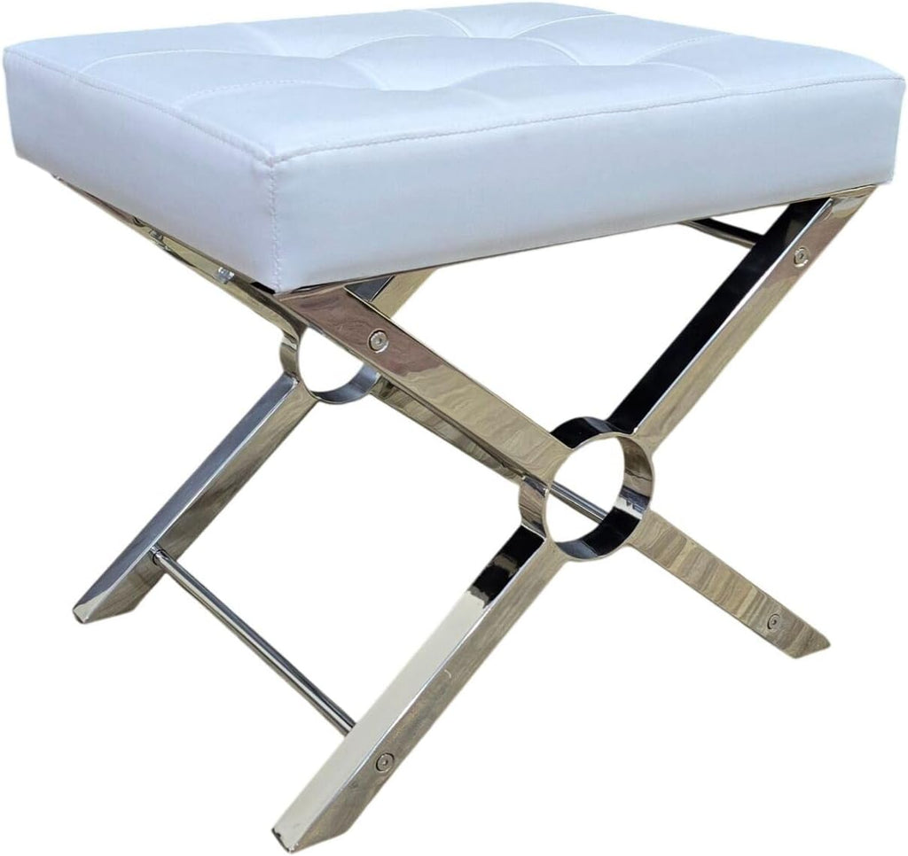 Carolina Chair & Table Modern X-Frame Stool - Luxury Chrome Steel Base with White Upholstery Cushion Faux Leather Soft Seat, Vanity Bench - Modern Style Accent Furniture for Living Room, Bedroom