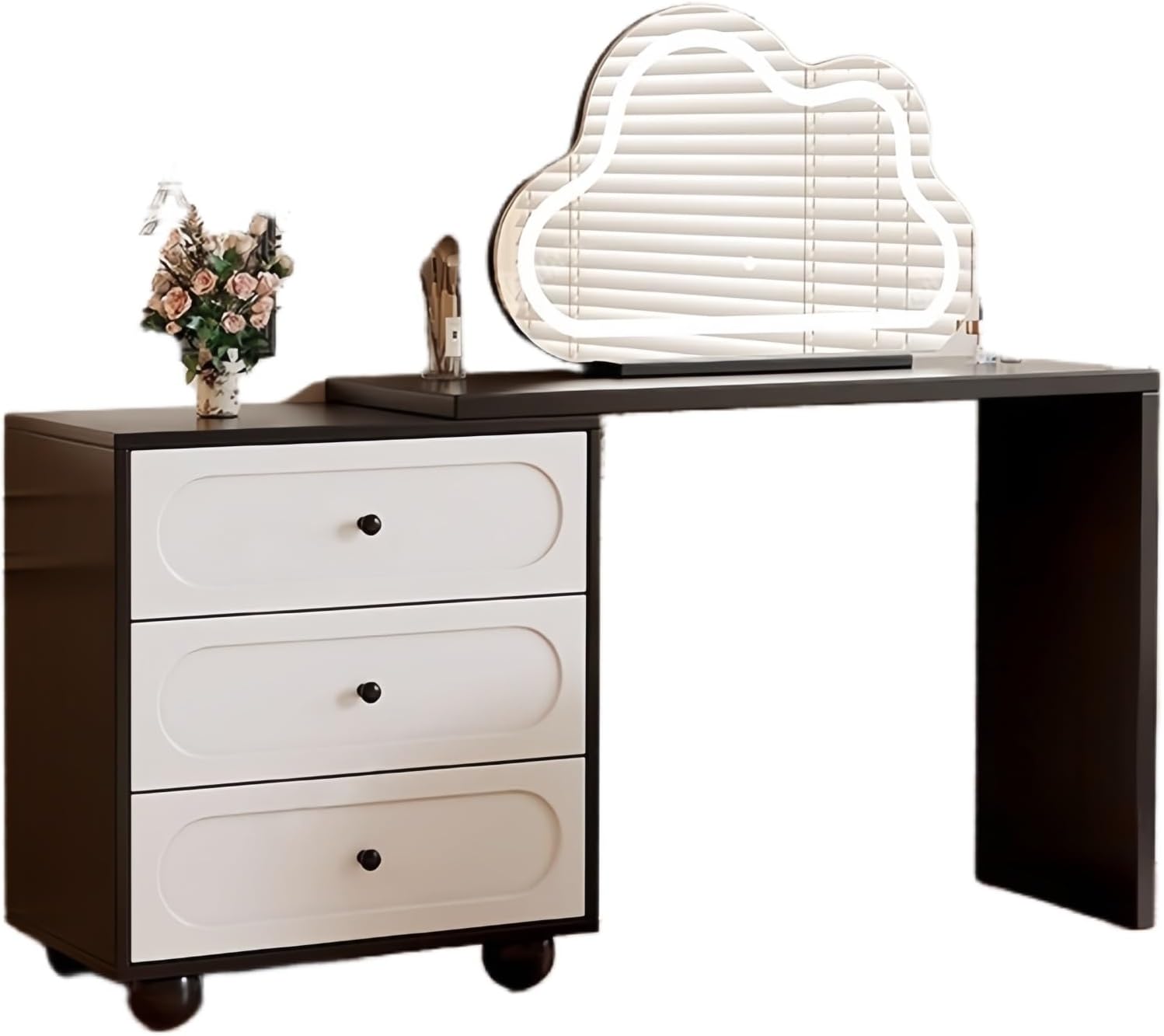 Vanity Desk Table with 3 Color Lighted Cloud-Shaped Smart Makeup Mirror, Corner Dresser Wide Tabletop with Retractable Design, Drawers Chest Installed Left or Right(Walnut,W/CHR,23.6in)