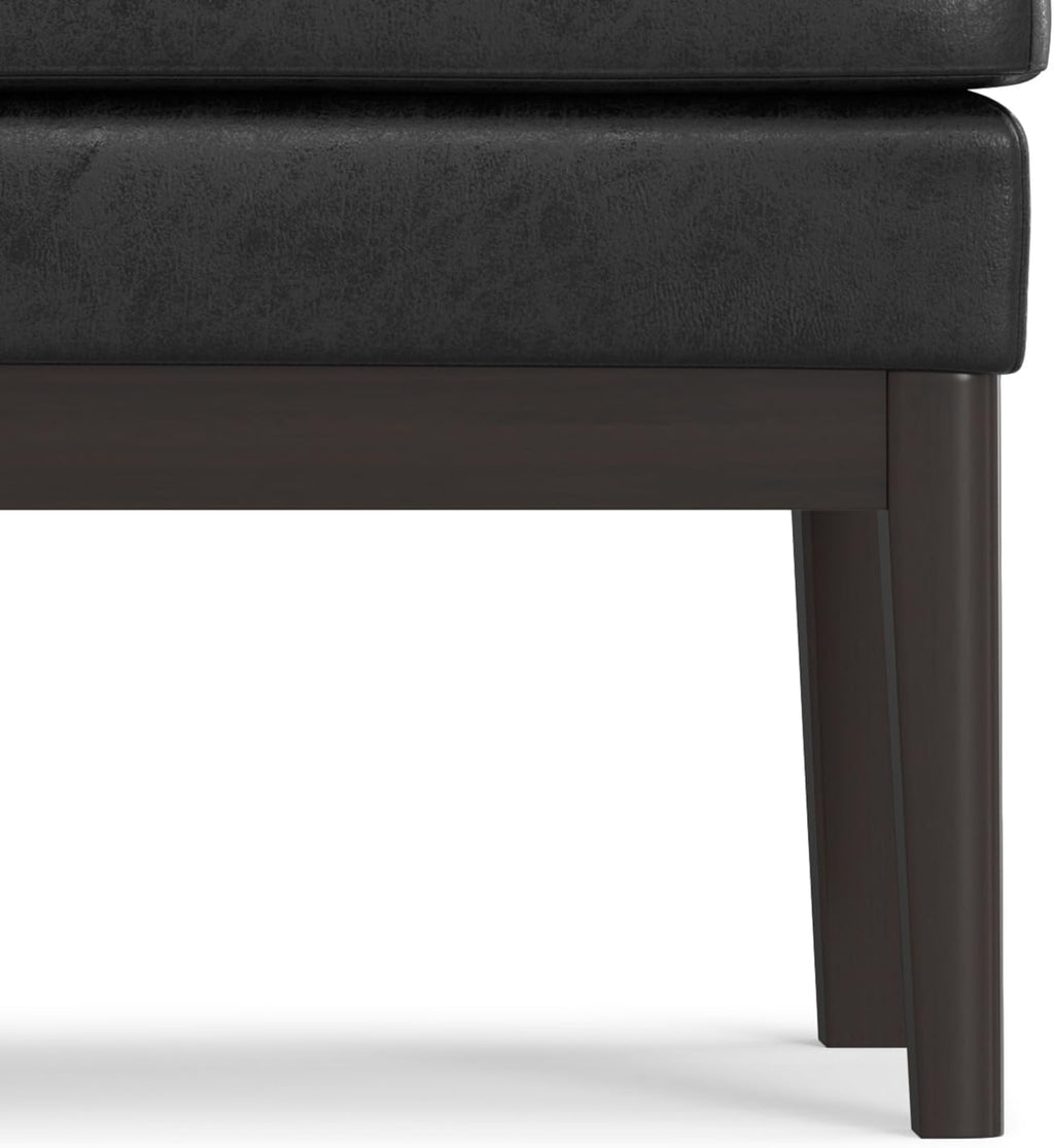 SIMPLIHOME Carlson Ottoman Bench - 45 inch Wide Upholstered Vegan Leather Rectangle Ottoman in Distressed Black, Mid Century Modern Bench for Bedroom, Entryway or Living Room with Padded Seat