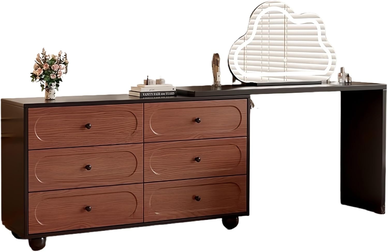 Vanity Desk Table with 3 Color Lighted Cloud-Shaped Smart Makeup Mirror, Corner Dresser Wide Tabletop with Retractable Design, Drawers Chest Installed Left or Right(Walnut,W/CHR,23.6in)