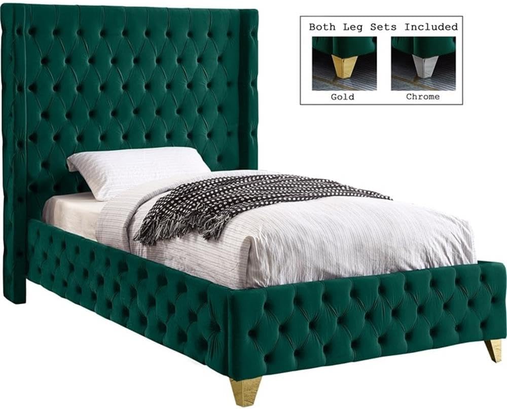 Meridian Furniture SavanGreen-T Savan Collection Modern | Contemporary Velvet Upholstered Bed with Deep Button Tufting in Gold or Chrome Finish, 50' W x 81' D x 56' H, Green, Twin