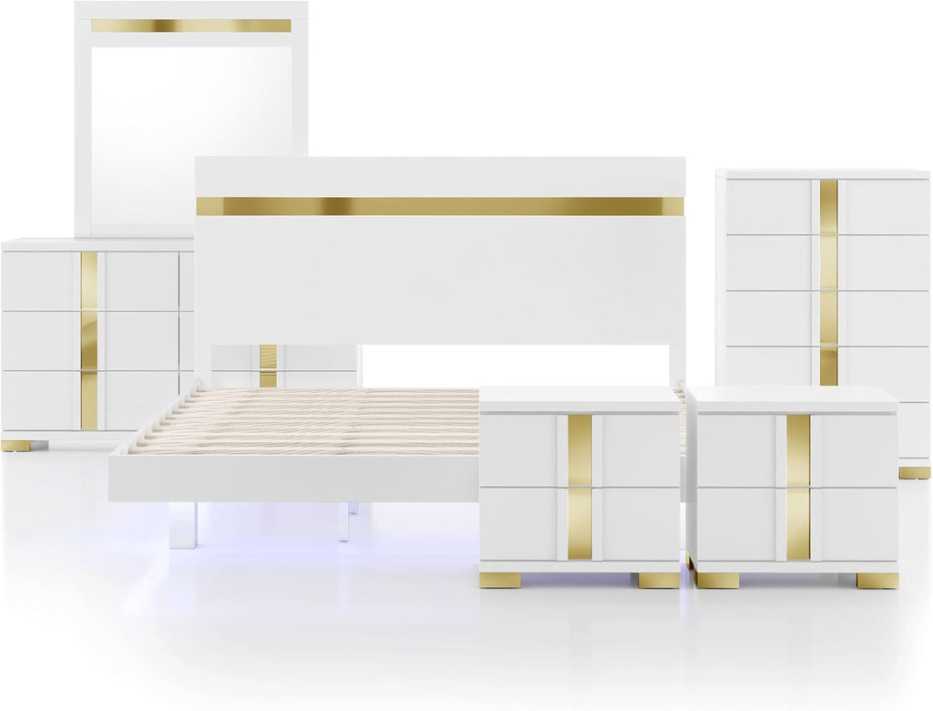 Furniture of America Ansten Modern Wood 6-Piece Platform Bedroom Set with Gold Trim, Underbed LED, Dust Proof Cases, Bracketed Metal Legs, No Box Spring Needed, Twin, White