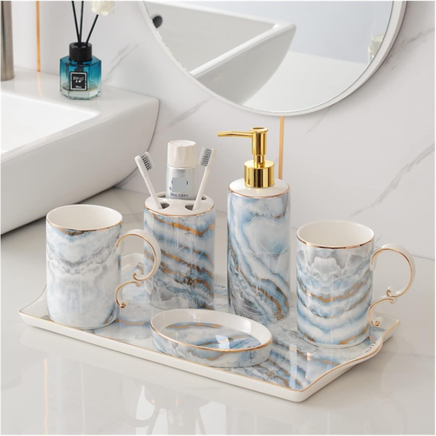 Vanity Bathroom Decor, Ceramic Bathroom Accessory Set Fashion Marble Pattern European Style Bathroom Kit for Housewarming Gift Housewarming Gift(D)