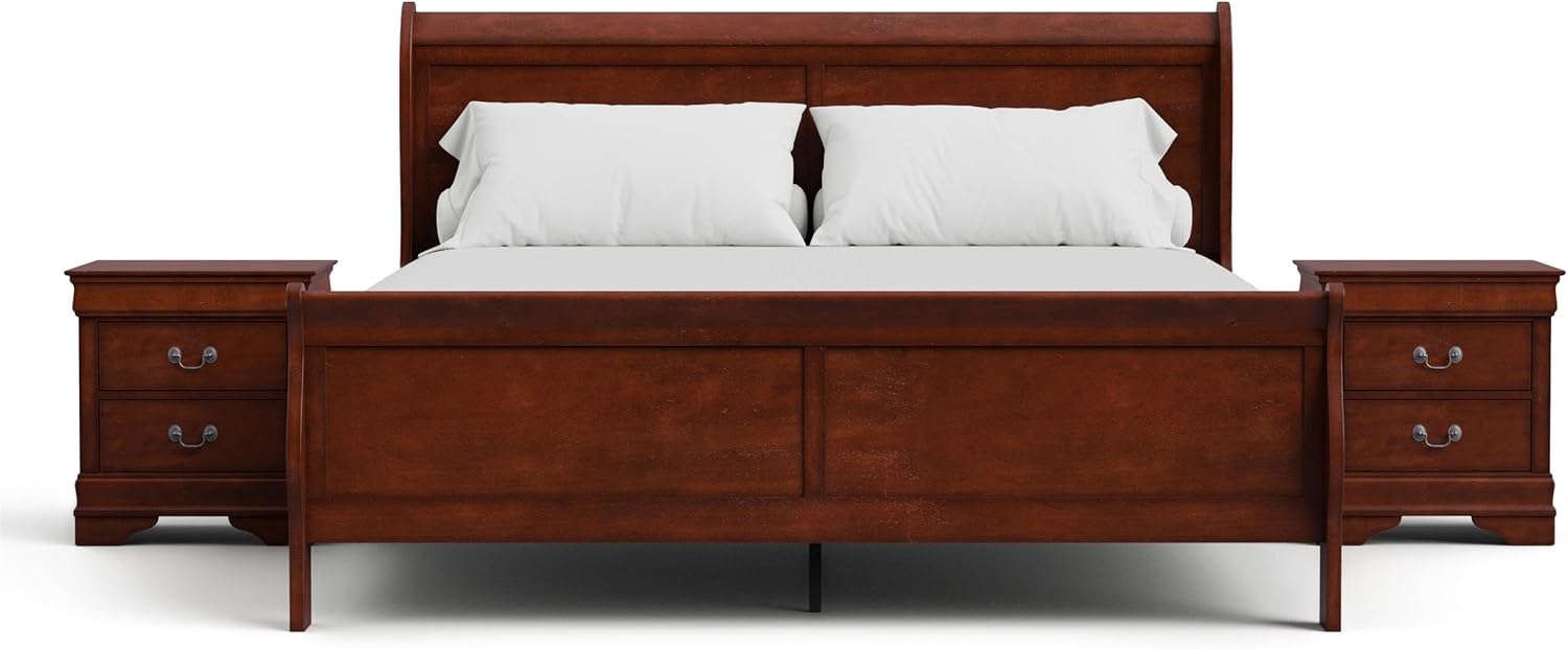 Furniture of America Arabella Traditional Solid Wood 3 Piece Bedroom Set, King Bed Frame and Nightstands Set of 2, Chic Sleigh Design Bedframe with Headboard and Footboard, Box Spring Needed, Cherry