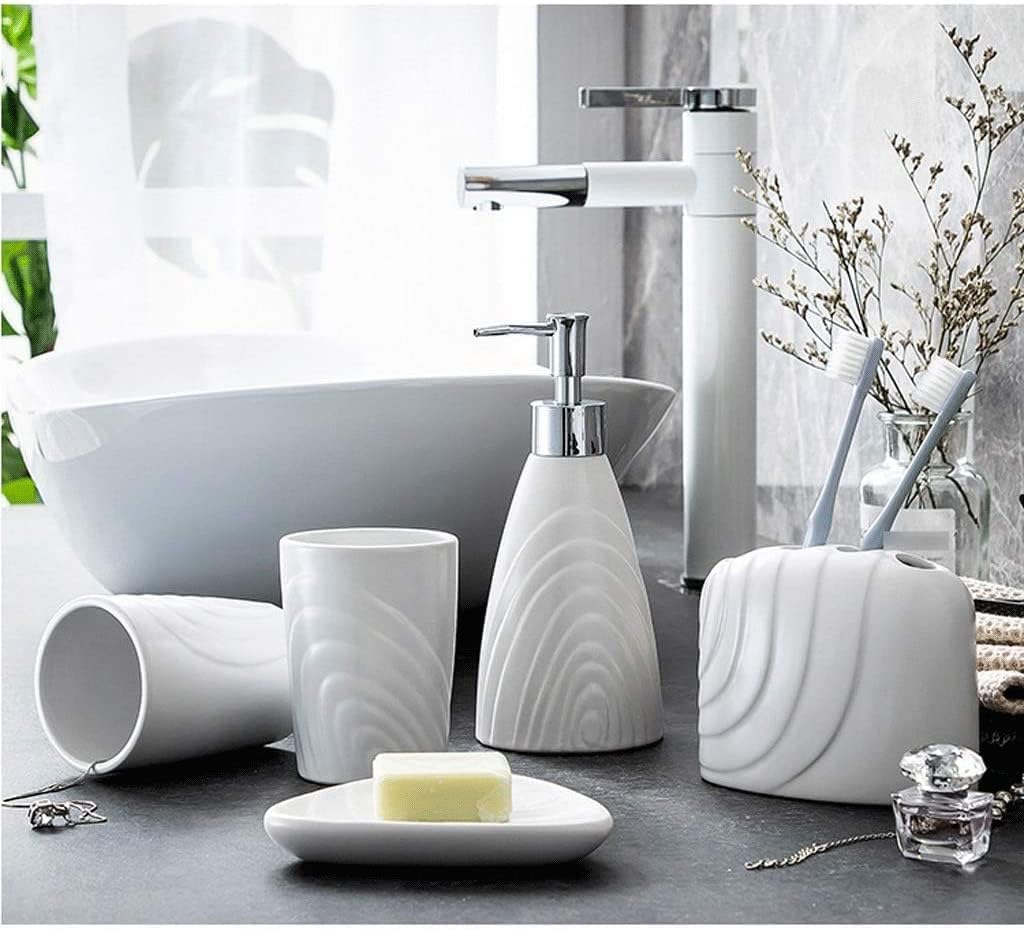 Vanity Bathroom Decor, White Ceramic Bathroom Accessory Set 5 Pieces Bathroom Set Including Soap Dispenser Toothbrush Holder Soap Dish Housewarming Gift(A)