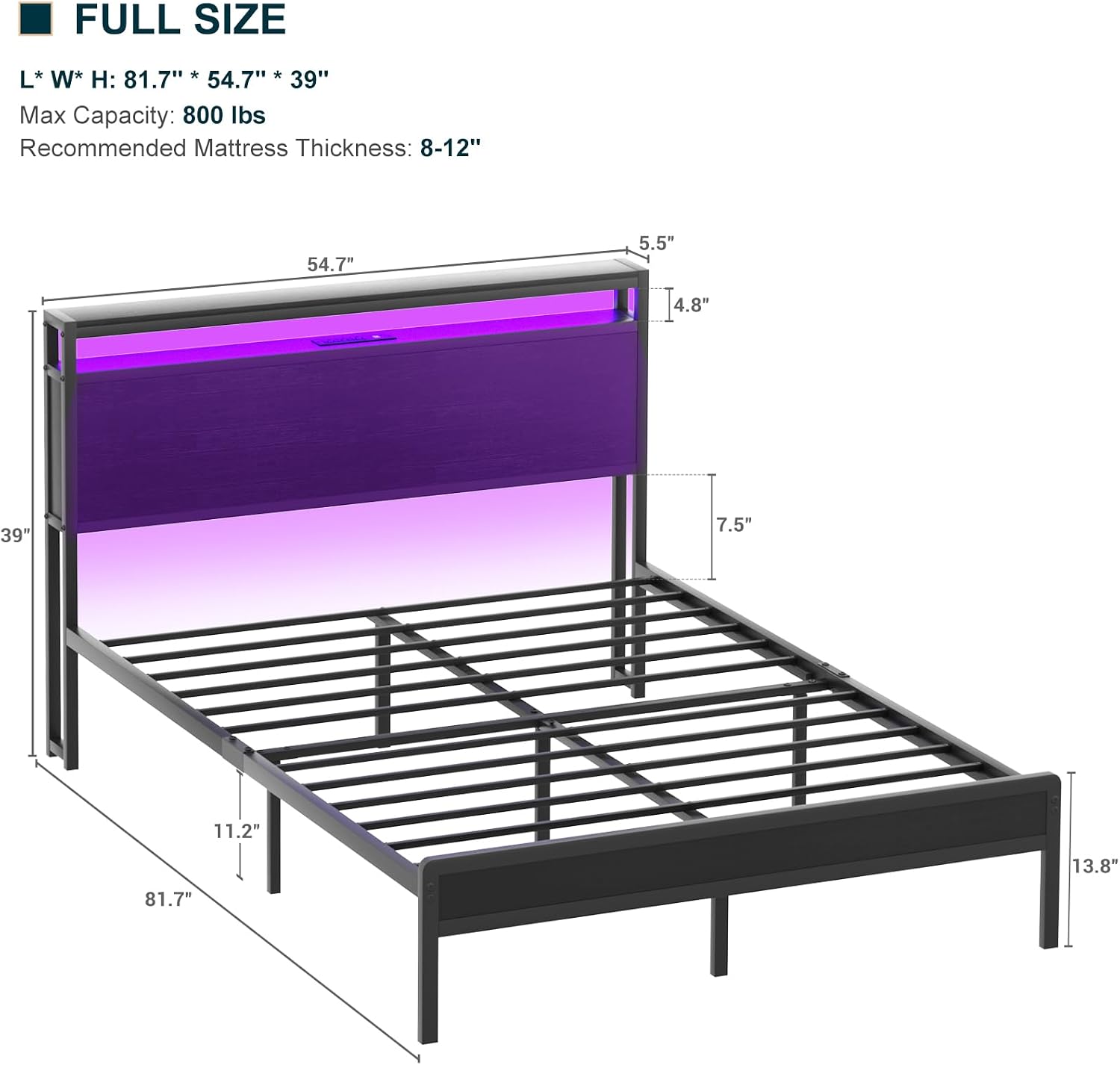 Homieasy Full Size Bed Frame with Headboard, Industrial Metal Full Bed Frame with Charging Station & LED Lights, Noise-Free Platform Bed, No Box Spring Needed, Black